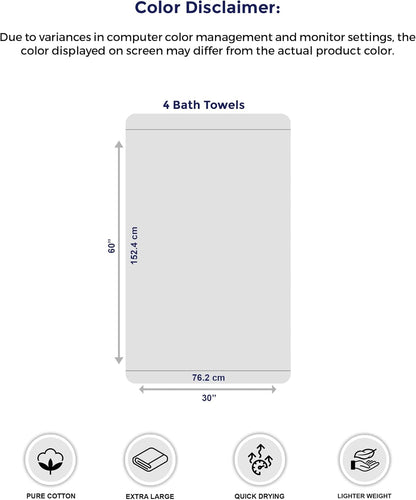 Extra Large 100% Cotton Bath Towels – Lightweight, Quick-Drying & Absorbent (4-Pack)