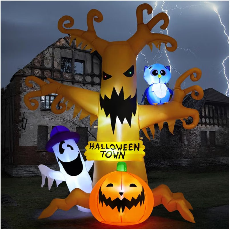 8 FT Halloween Inflatable Dead Tree – LED Light-Up Owl, Ghost & Pumpkin Outdoor Yard Decoration for Lawn & Garden