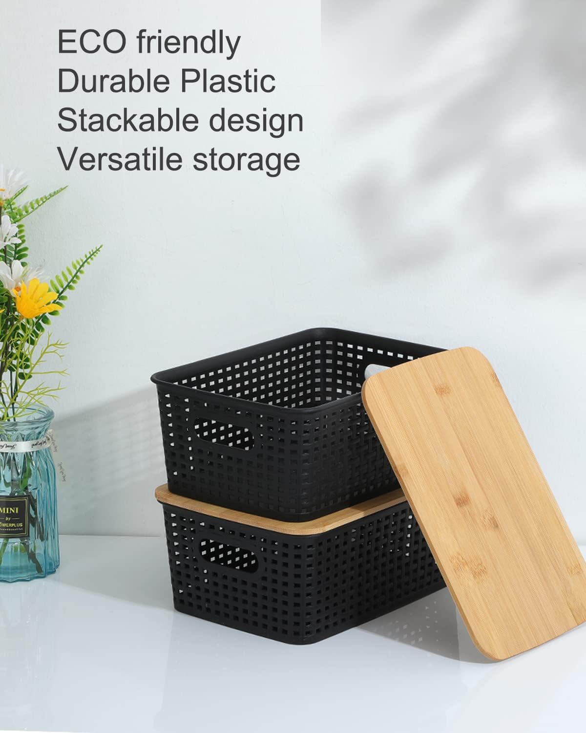 Storage Bins with Bamboo Lids (Set of 6) – Plastic Organizer Containers for Kitchen, Bedroom, Office & Closet – Black