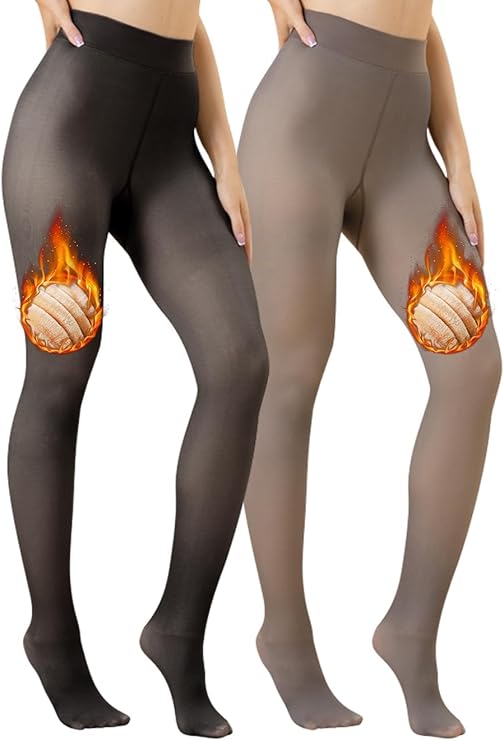 Women’s Fleece-Lined Thermal Tights – Warm Winter Fake Translucent Pantyhose (Black/Coffee, S/M)