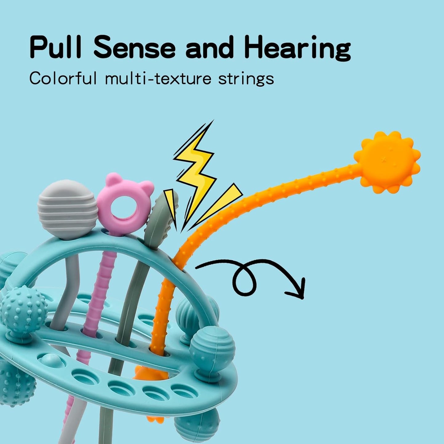 Montessori Pull String Baby Toy – Food-Grade Silicone Sensory Teether (Blue, 18+ Months)