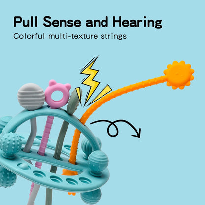 Montessori Pull String Baby Toy – Food-Grade Silicone Sensory Teether (Blue, 18+ Months)
