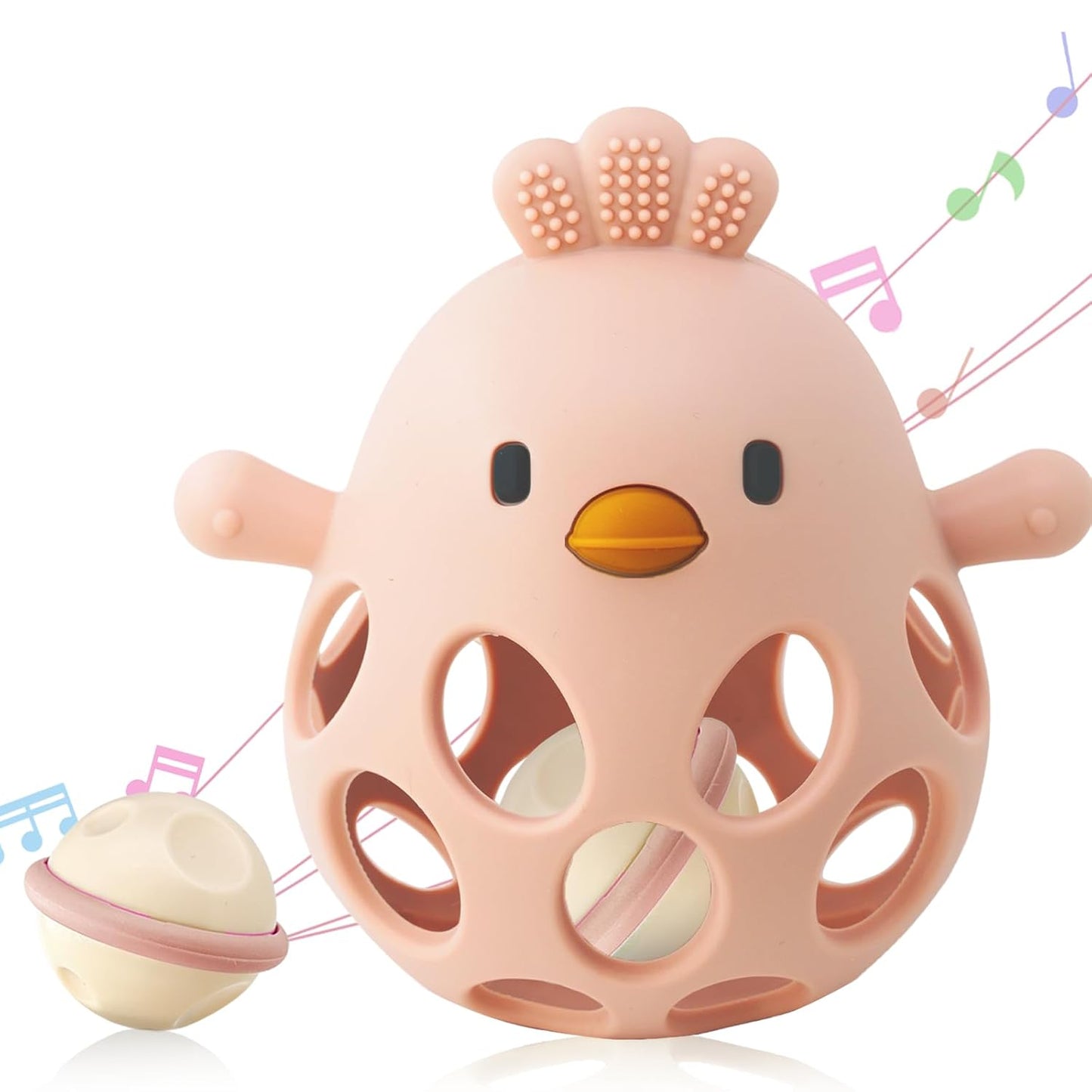 2-in-1 Pink Baby Teething Rattle – Food-Grade Silicone Sensory Teether (BPA-Free, 3–12 Months)