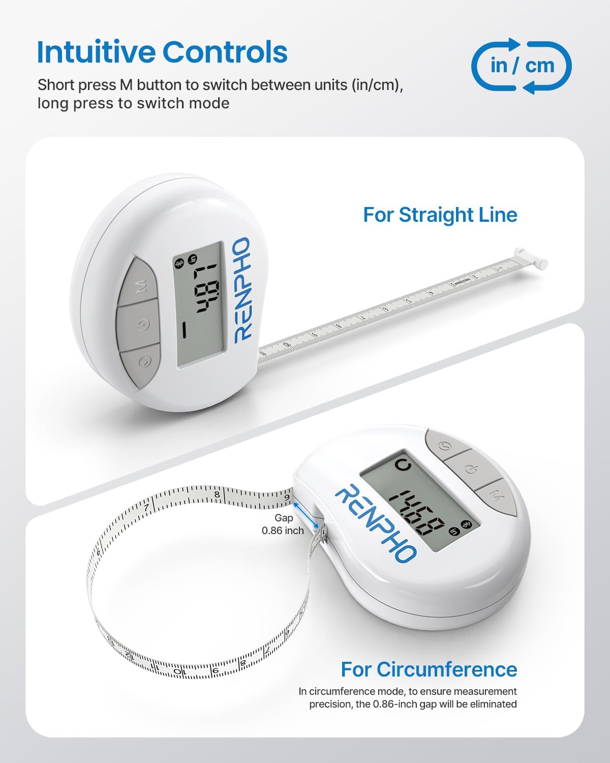 Smart Body Measuring Tape – Bluetooth Fitness Tape for Weight Loss & Muscle Tracking (60in/150cm, White)