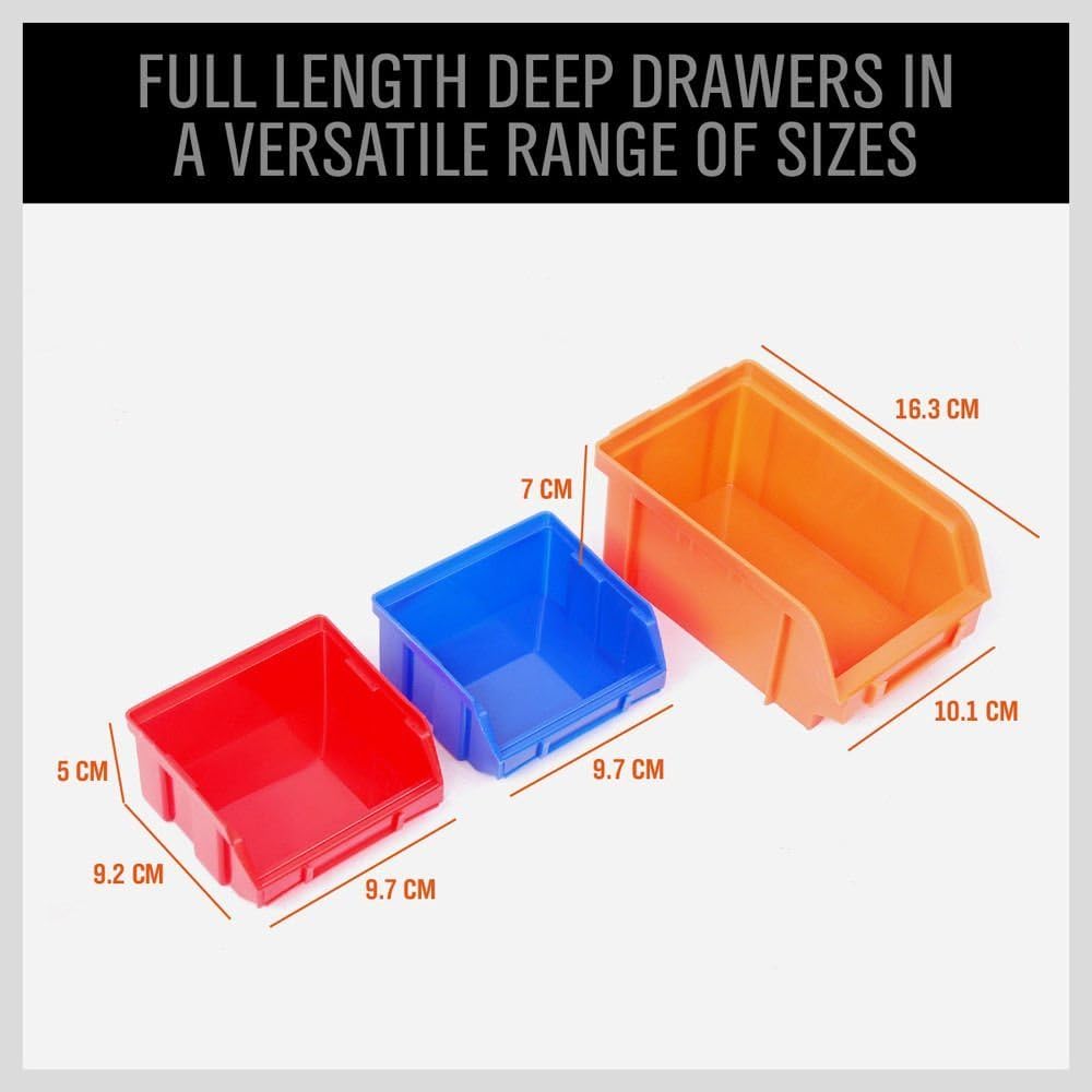 30PC Wall Mounted Storage Bin Rack – Garage Parts & Tool Organizer with Plastic Bins – Blue, Orange & Red