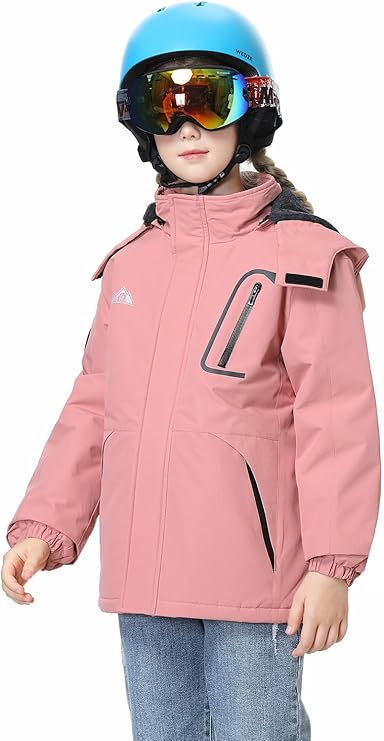 Kids’ Waterproof Ski Jacket – Pink Winter Coat with Fleece Lining & Detachable Hood