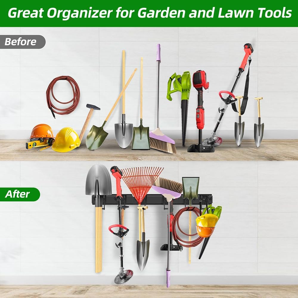 48" Garage Tool Organizer Wall Mount – Heavy-Duty Rail Rack with 6 Double-Layer Hooks for Yard Tools & Shovels