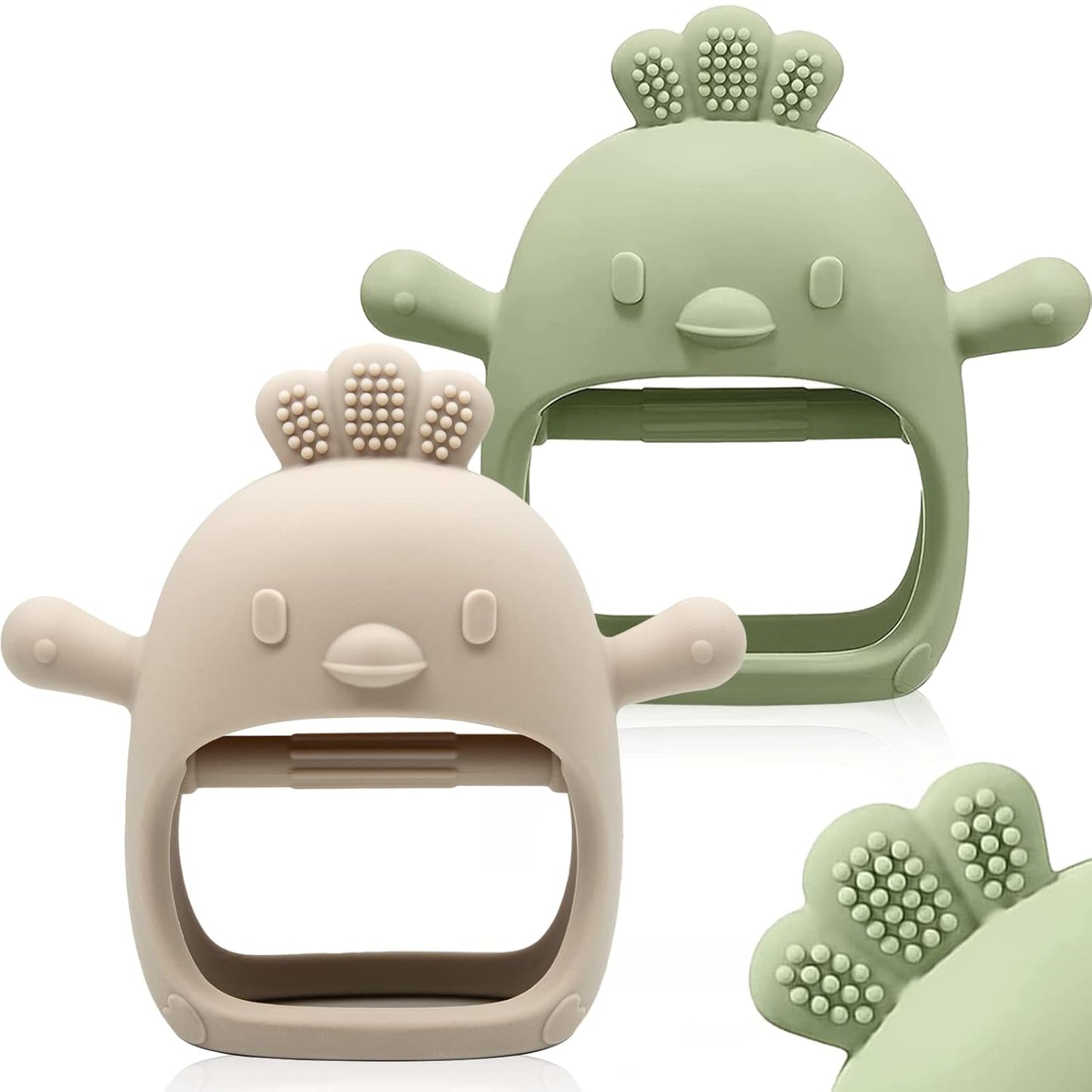 2-Pack Silicone Teething Mittens – BPA-Free Anti-Drop Baby Chew Toys (Green & Caramel, 3+ Months)