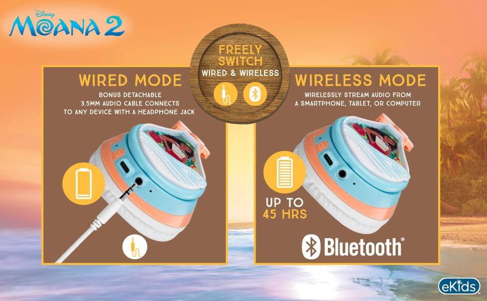 Moana 2 Bluetooth Headphones for Kids – Wireless Headphones for School, Home & Travel