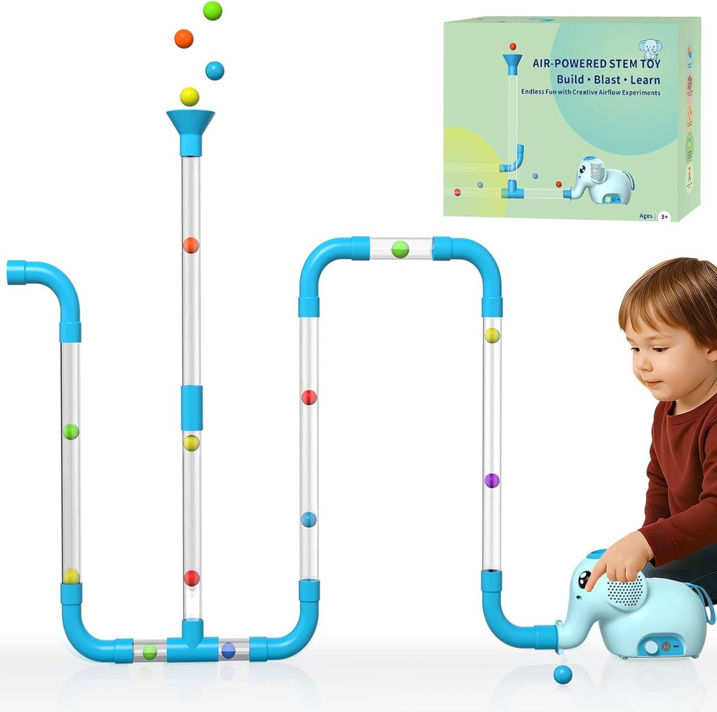 STEM Air-Powered Building Toy – Rechargeable Air Tubes & Turbine Set with 30 Foam Balls (Ages 3–8+)
