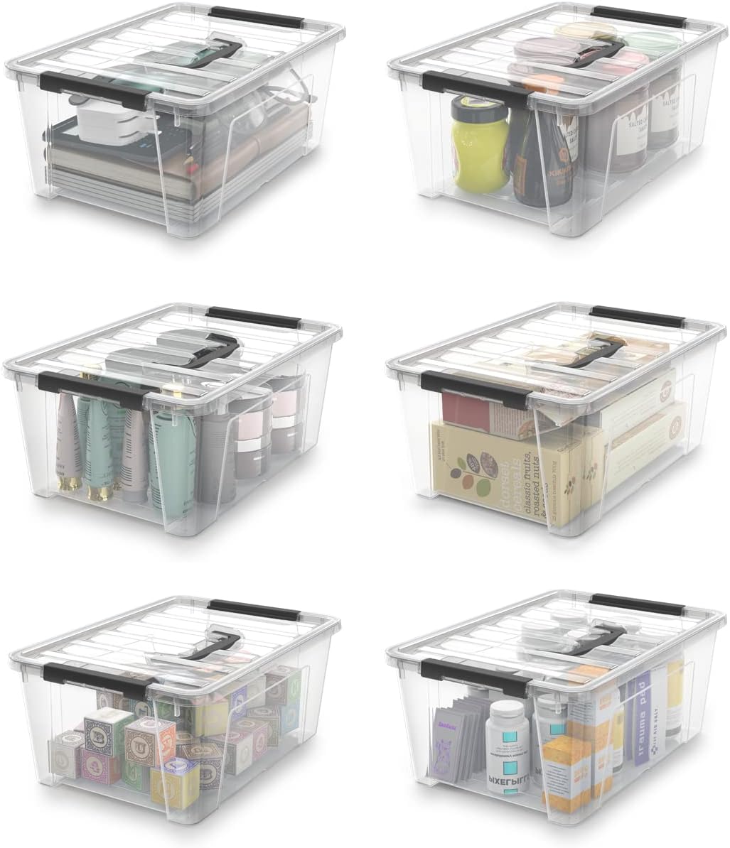 6-Pack Clear Storage Latch Bins - 5-Litre Organizer Boxes with Handles and Lids