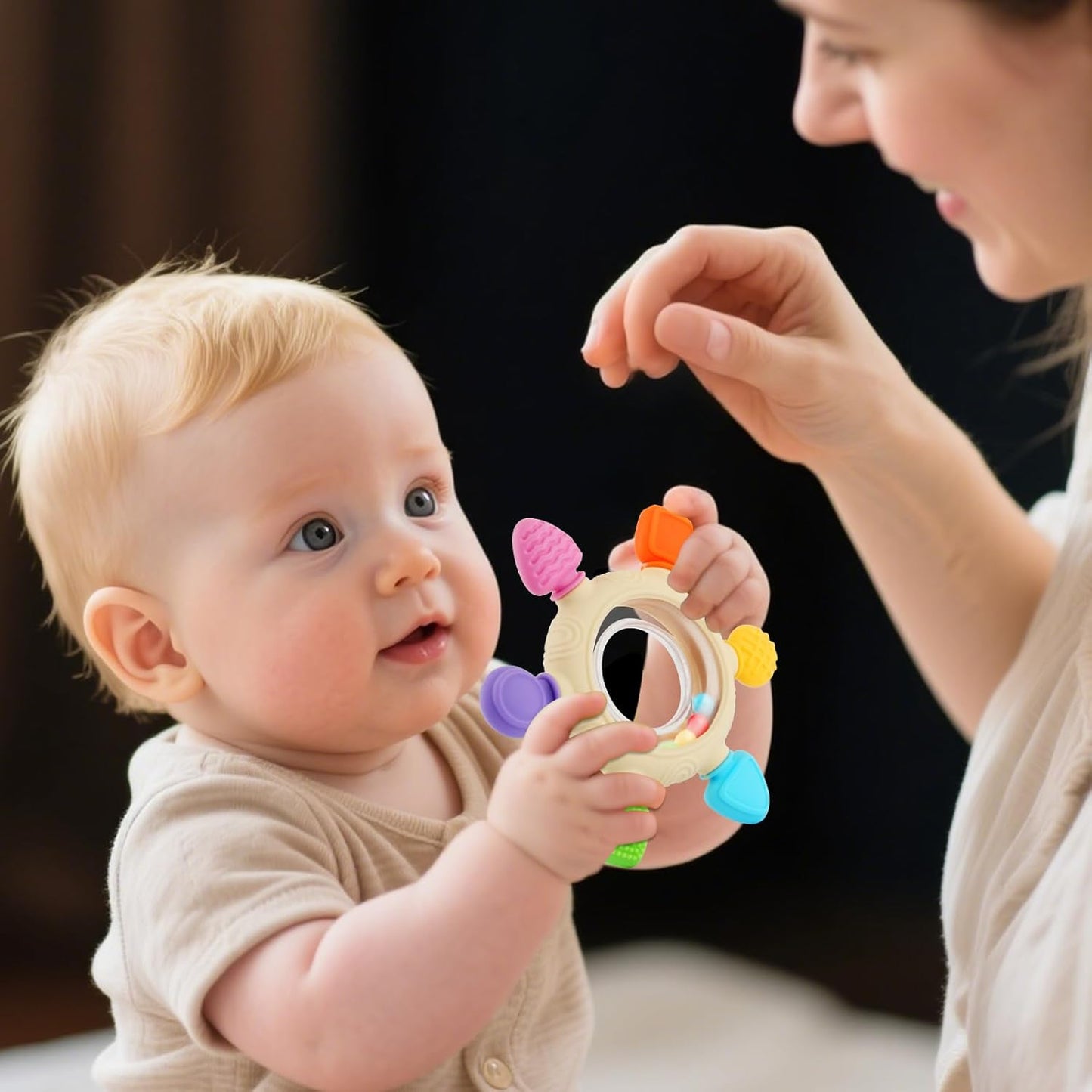 Baby Silicone Teething Rings & Rattle – BPA-Free Sensory Teether for Soothing Gums (0–24 Months)
