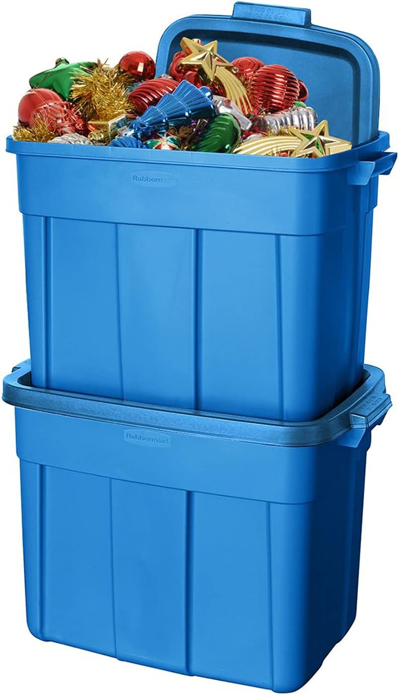 18 Gal Roughneck Tote Storage Bins – Rugged Stackable Plastic with Lids & Handles – Heritage Blue (6 Pack) – Made in USA