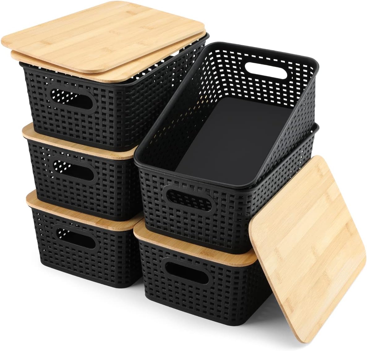 Storage Bins with Bamboo Lids (Set of 6) – Plastic Organizer Containers for Kitchen, Bedroom, Office & Closet – Black