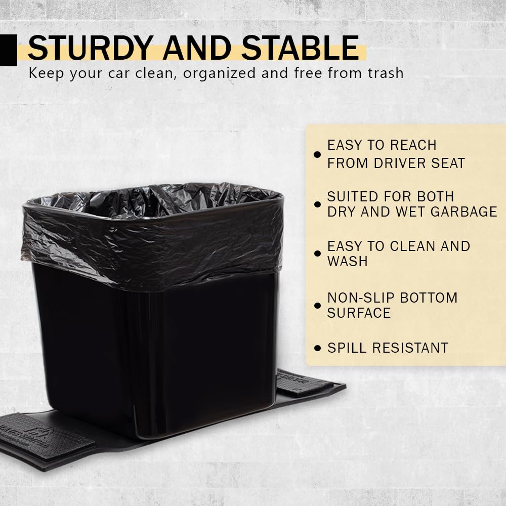 Car Trash Can with Stability Wings – Leakproof Portable Auto Garbage Bin for Cars, SUVs & Trucks – Black Large