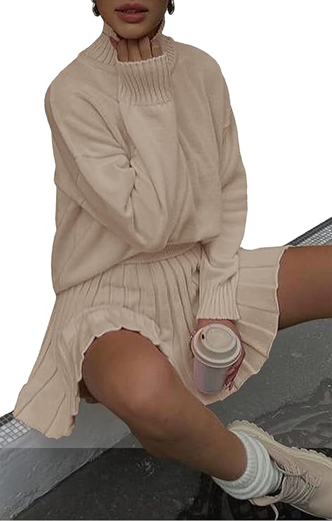 Women’s 2-Piece Sweater Set – Turtleneck Oversized Pullover & Pleated Mini Skirt