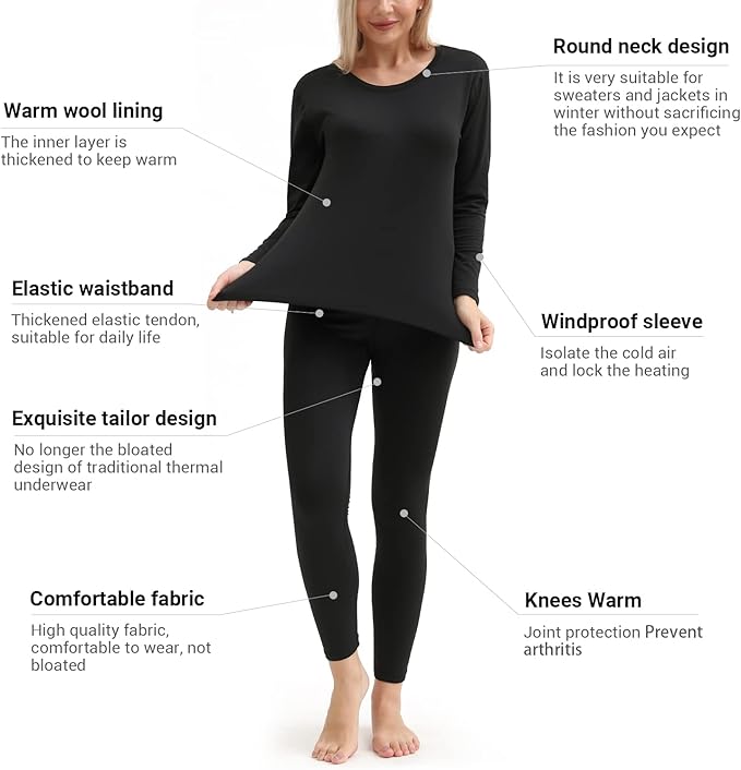 PISIQI Women’s Thermal Underwear Set – Ultra-Soft Long Johns Winter Base Layer, Large
