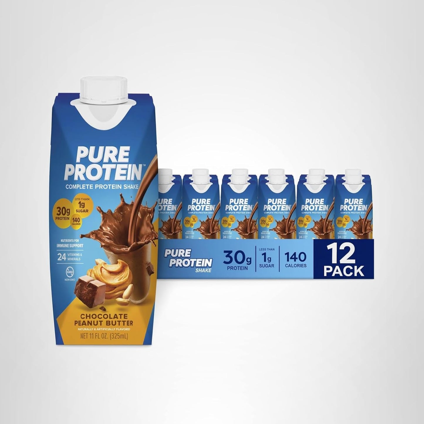 Pure Protein Chocolate Peanut Butter Shake– 30g Protein, Keto-Friendly, 11oz Bottles (12 Pack)