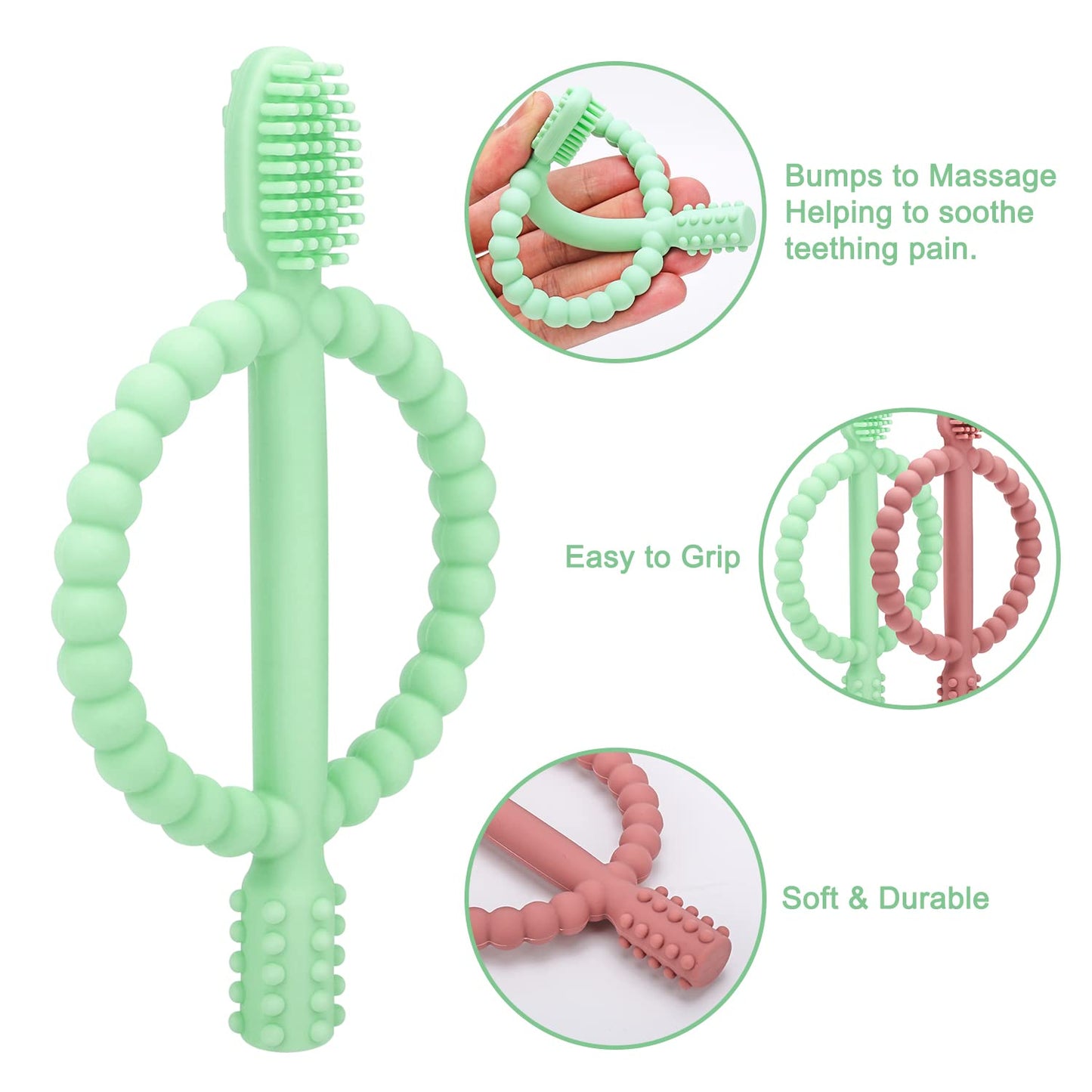 Baby Silicone Teething Toothbrush – Easy-Hold Handle, Double-Sided Gum Massager (Bright Green & Caramel)