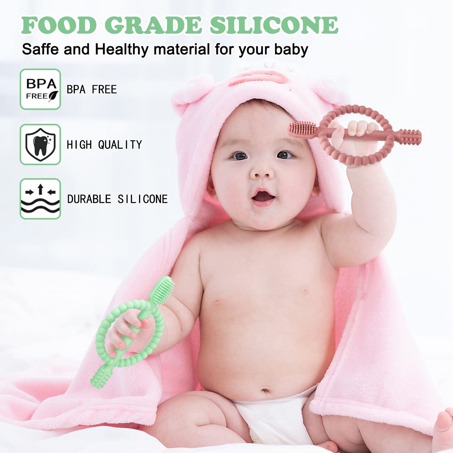 Baby Silicone Teething Toothbrush – Easy-Hold Handle, Double-Sided Gum Massager (Bright Green & Caramel)