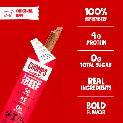 Snack Size Grass-Fed Original Beef Jerky Snack Sticks 0.5oz 24-Pack - Keto, Paleo, Whole30, 4g Lean Meat Protein, Gluten-Free, Zero Sugar Food, Non-GMO Chomplings