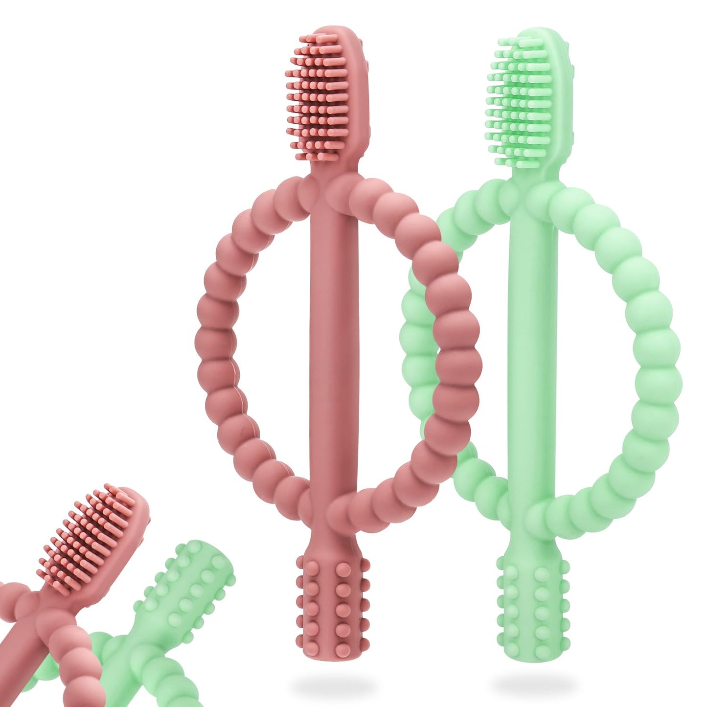 Baby Silicone Teething Toothbrush – Easy-Hold Handle, Double-Sided Gum Massager (Bright Green & Caramel)