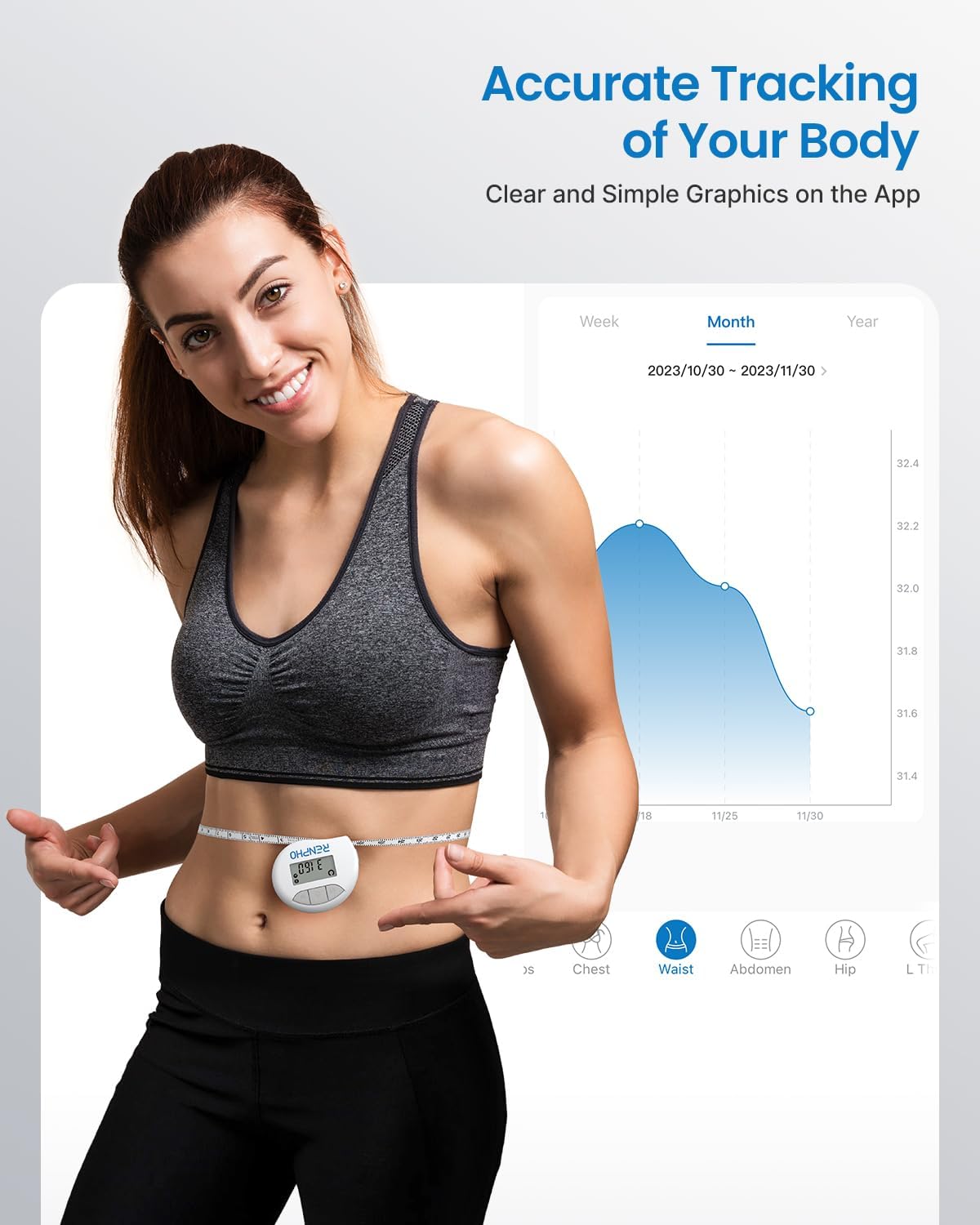 Smart Body Measuring Tape – Bluetooth Fitness Tape for Weight Loss & Muscle Tracking (60in/150cm, White)
