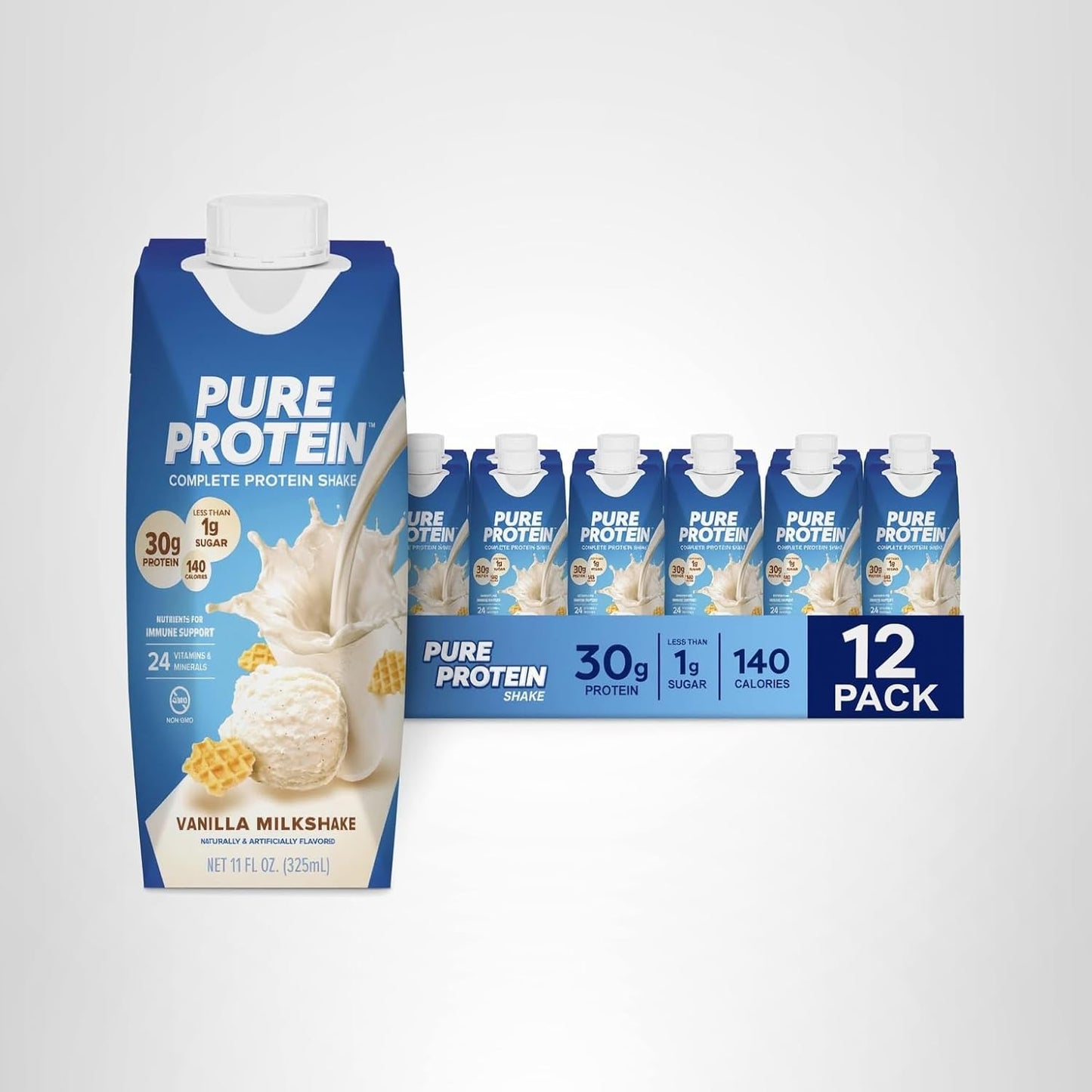 Pure Protein Vanilla Protein Shake – 30g Protein, Keto-Friendly, 11oz Bottles (12 Pack)