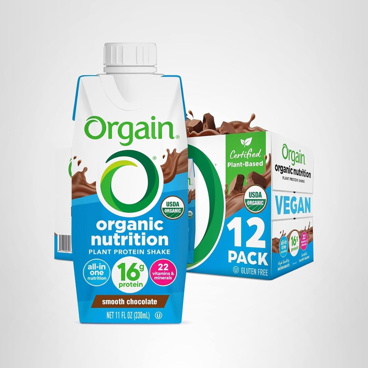 Orgain Organic Vegan Protein Shake – Smooth Chocolate, 16g Plant Protein – 11 fl oz (Pack of 12)