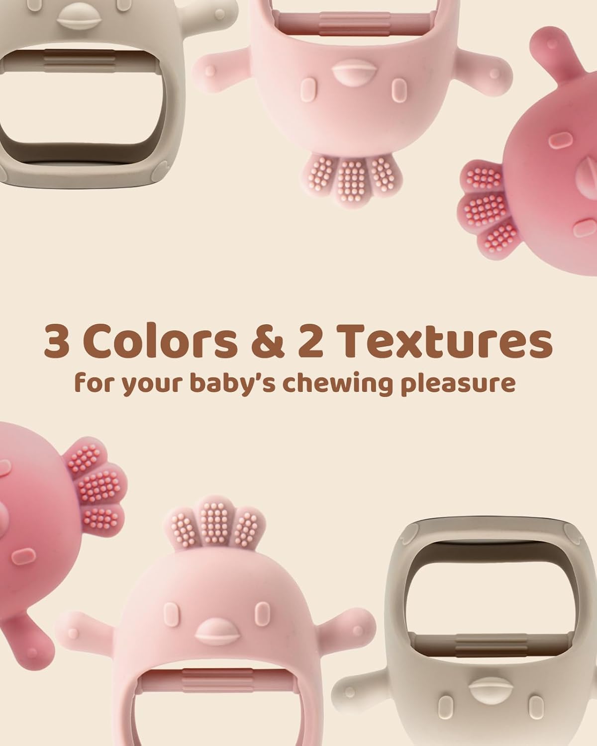 3 Packs Baby Teething Toy Silicone Teething Mitten for Babies Over 3 Months Anti Dropping Wrist Hand Teethers Baby Chew Toys for Sucking Needs, BPA Free (Pink, Caramel & Coral Red)