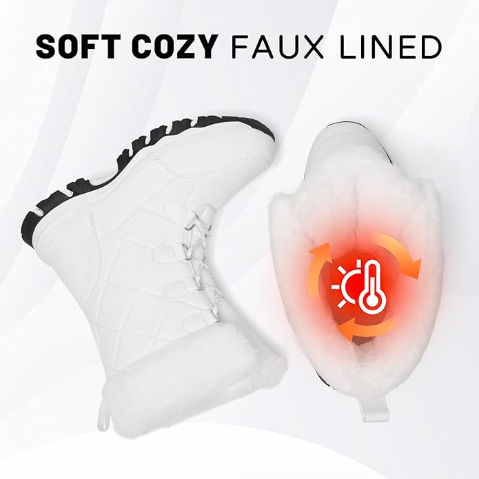 Women’s Water-Resistant Snow Boots – Faux Fur Lined Lace-Up Mid-Calf (White, Size 9)