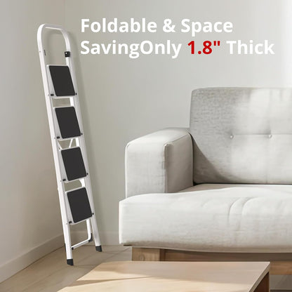 Folding Step Ladder Stool for Adults - Anti-Slip Pedal, 330 lbs Capacity, White - Ideal for Kitchen & Home