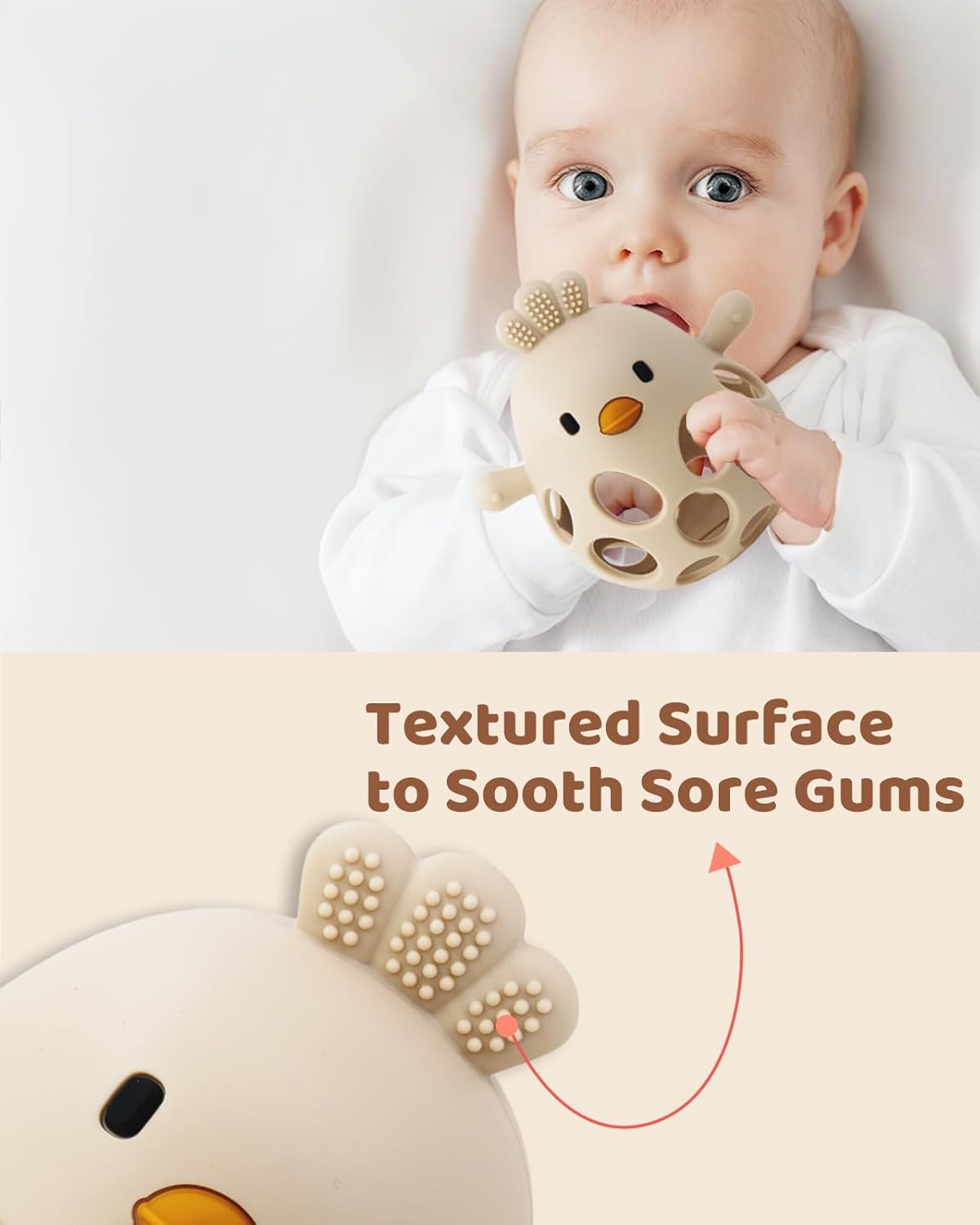 2-in-1 Baby Teething Rattle – Food-Grade Silicone Sensory Teether (Beige, BPA-Free, 3–12 Months)