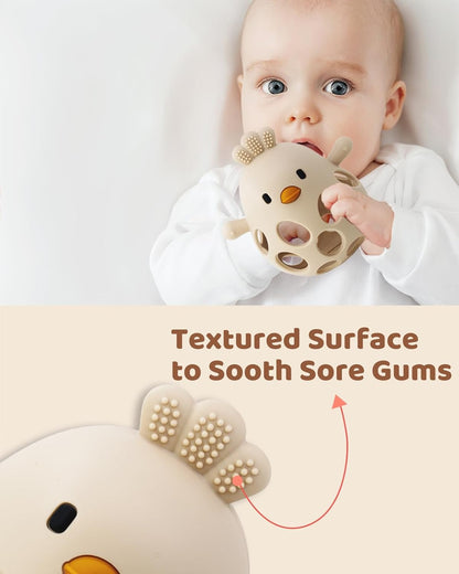 2-in-1 Baby Teething Rattle – Food-Grade Silicone Sensory Teether (Beige, BPA-Free, 3–12 Months)