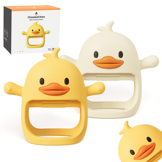 2-Pack Baby Teething Mittens – BPA-Free Silicone Anti-Drop Wrist Teethers (Duckie, 3+ Months)