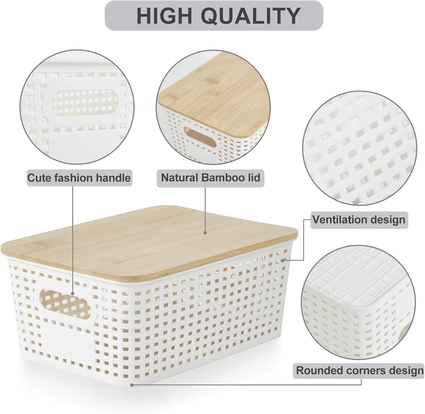 Small Plastic Storage Bins with Bamboo Lids – 5.2 Qt Stackable Organizer Boxes with Labels – Cream White (6 Pack)