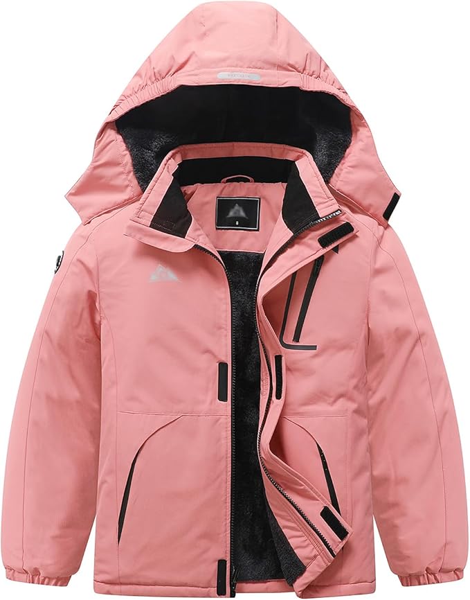 Kids’ Waterproof Ski Jacket – Pink Winter Coat with Fleece Lining & Detachable Hood
