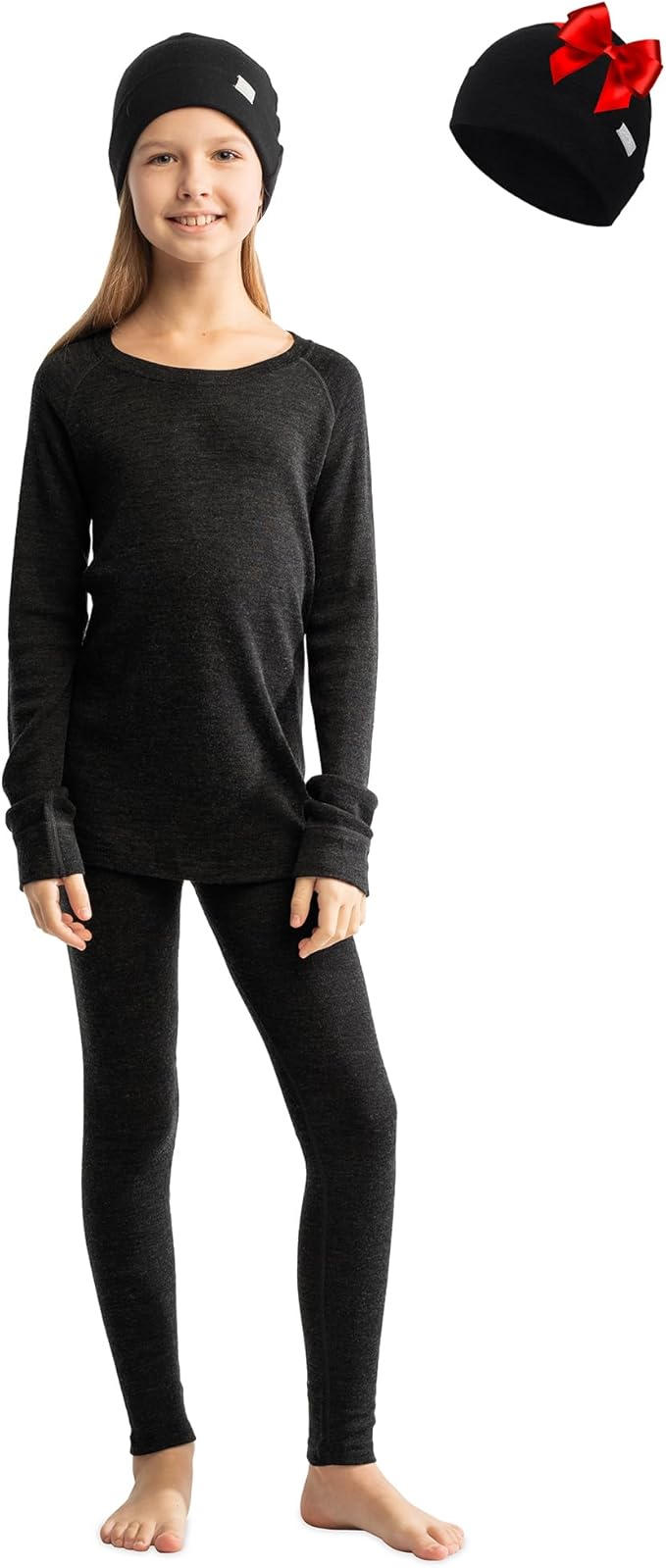Kids’ Merino Wool Base Layer Set – Midweight Thermal Top, Bottom & Beanie (Medium)
