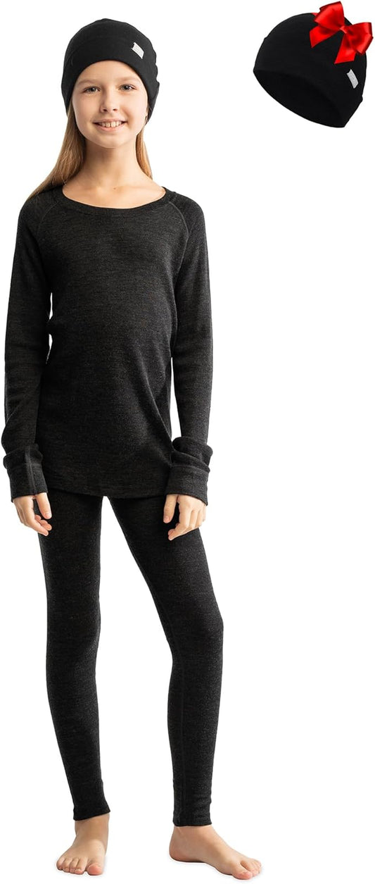 Kids’ Merino Wool Base Layer Set – Midweight Thermal Top, Bottom & Beanie (Medium)