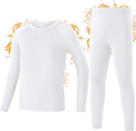Boys' Thermal Underwear Set – Ultra Soft Fleece-Lined Long Johns & Tops, Cold Weather Base Layer (White, Large, 10-12 Years)