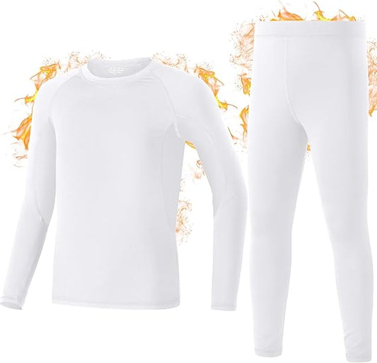 Boys' Thermal Underwear Set – Ultra Soft Fleece-Lined Long Johns & Tops, Cold Weather Base Layer (White, Large, 10-12 Years)