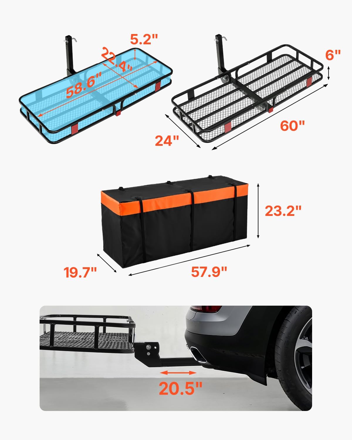 Folding Hitch Mount Cargo Carrier (60" x 24" x 6") 500 lb Load Capacity, Cargo Basket with Waterproof Bag for 2" Hitch Receivers