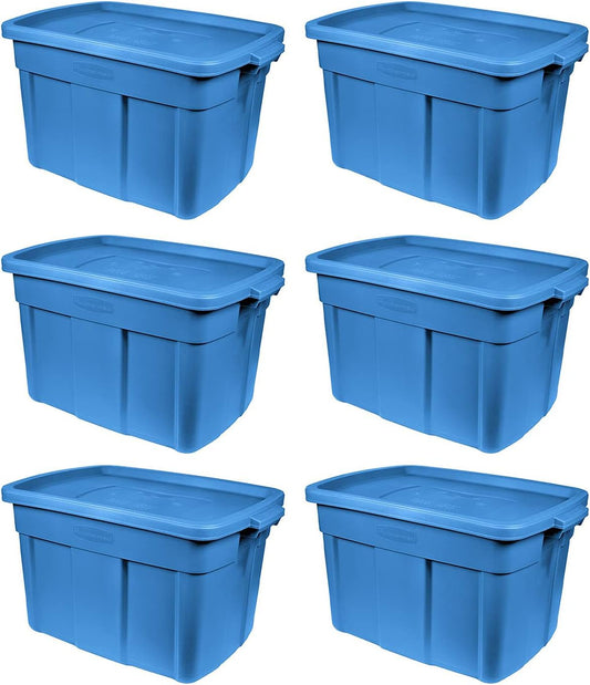 18 Gal Roughneck Tote Storage Bins – Rugged Stackable Plastic with Lids & Handles – Heritage Blue (6 Pack) – Made in USA