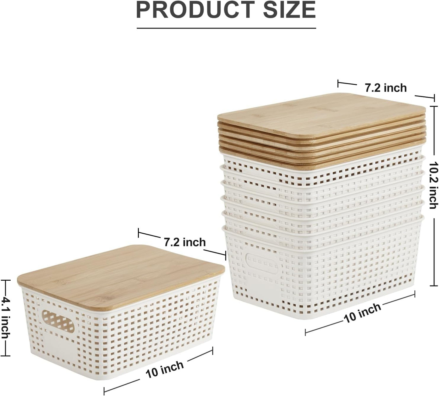 Small Plastic Storage Bins with Bamboo Lids – 5.2 Qt Stackable Organizer Boxes with Labels – Cream White (6 Pack)