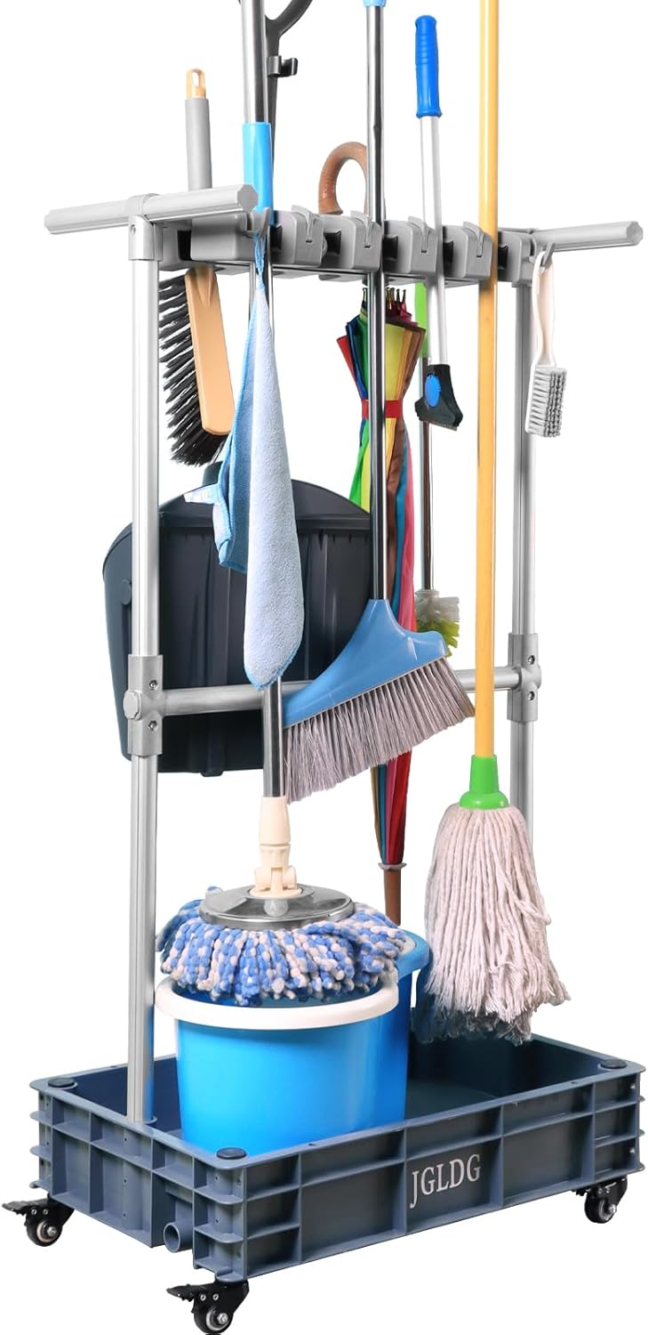 Mobile Mop and Broom Holder – Space-Saving Organizer for Cleaning Tools, Keeps Mops, Brooms & Supplies Neatly Stored