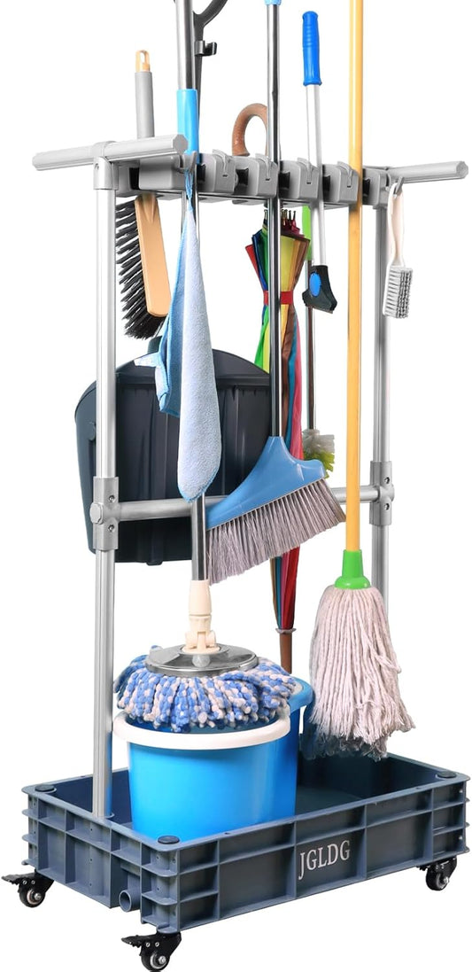 Mobile Mop and Broom Holder – Space-Saving Organizer for Cleaning Tools, Keeps Mops, Brooms & Supplies Neatly Stored