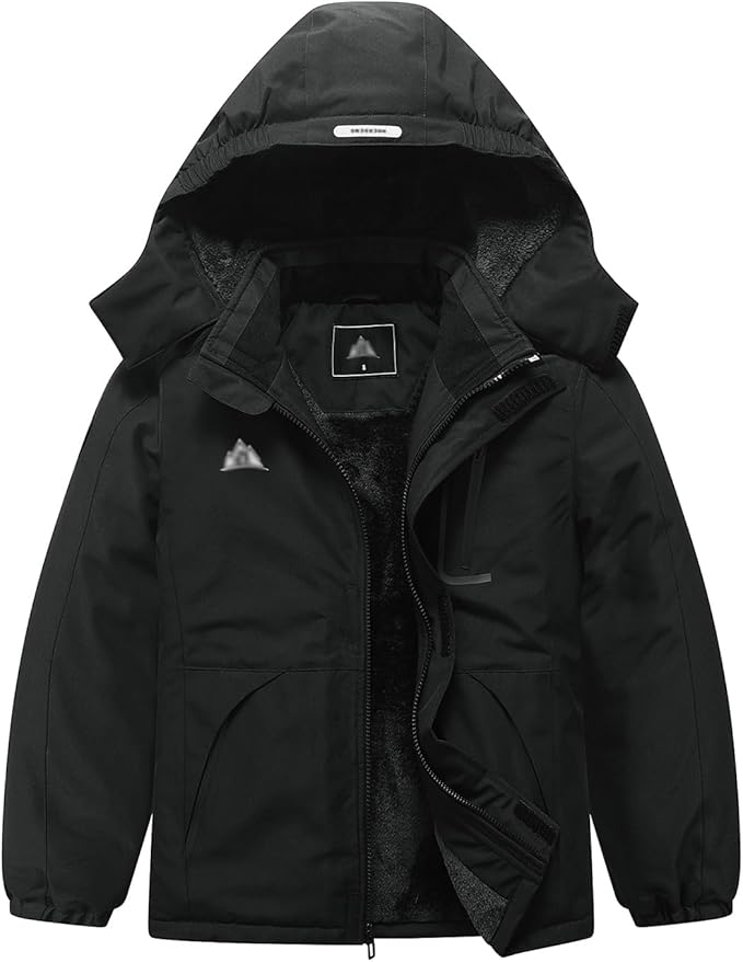 Kids’ Waterproof Ski Jacket (Black) – Fleece-Lined Winter Coat with Detachable Hood
