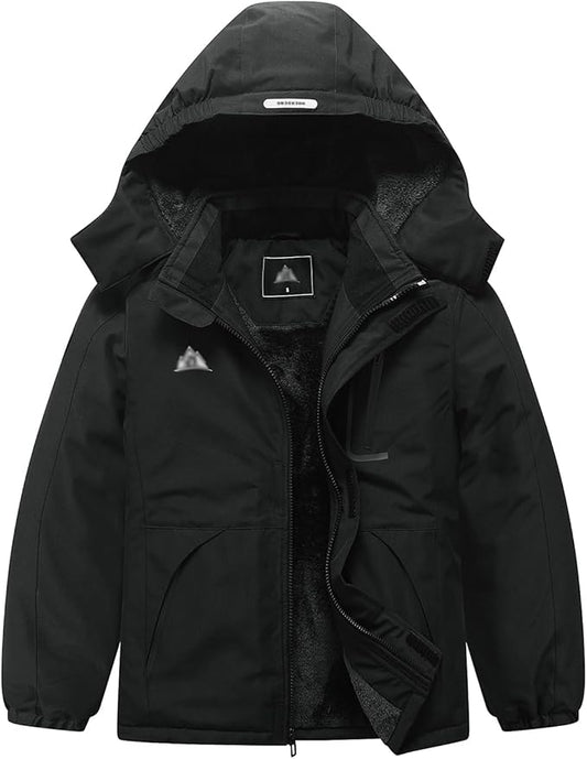Kids’ Waterproof Ski Jacket (Black) – Fleece-Lined Winter Coat with Detachable Hood