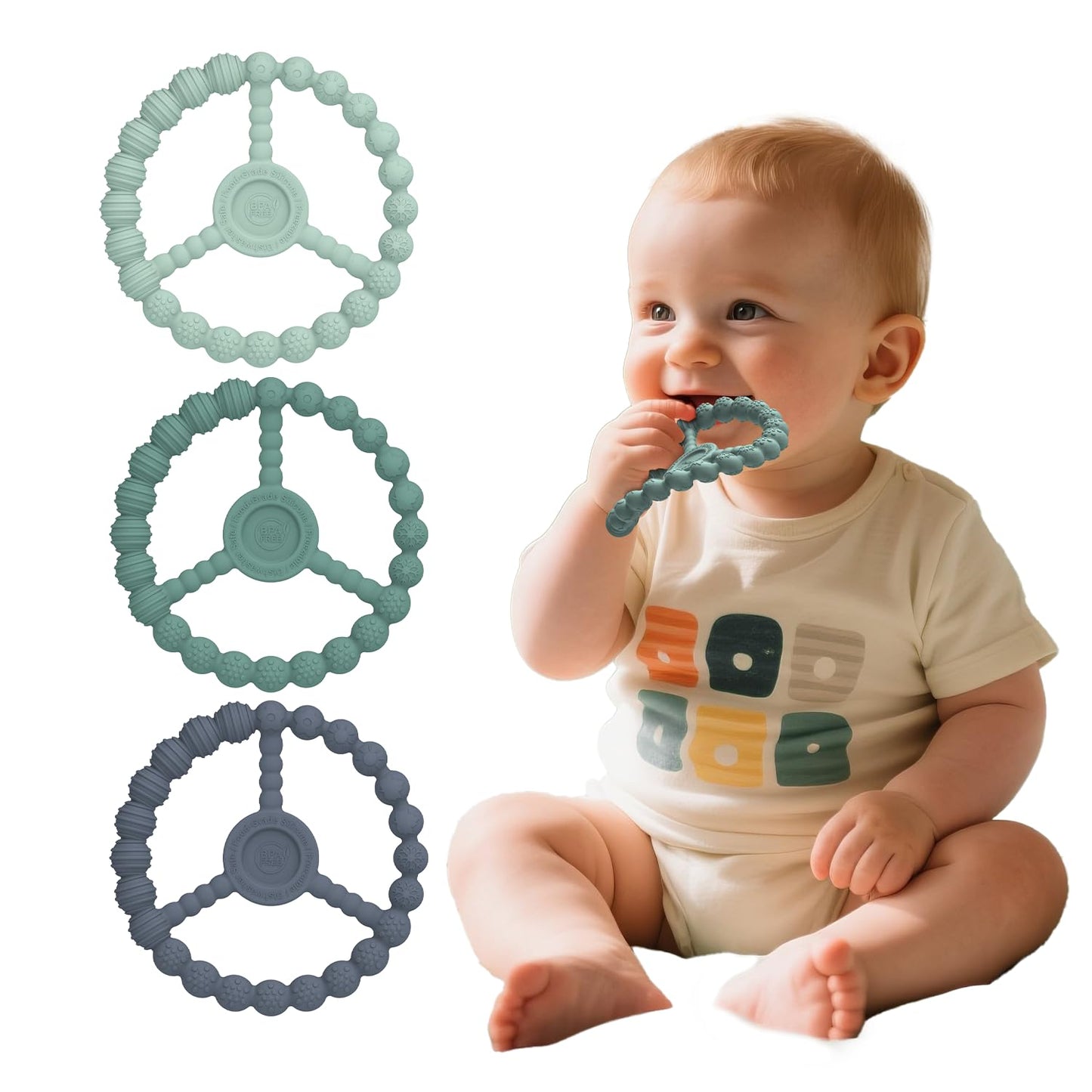 3-Pack Baby Silicone Ring Teethers – Freezer-Safe Textured Chew Toys for Teething Relief (Mint Green & Blue, 3–12 Months)