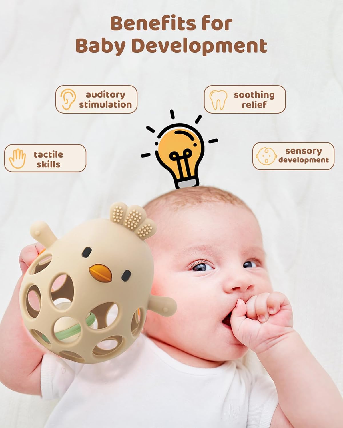 2-in-1 Baby Teething Rattle – Food-Grade Silicone Sensory Teether (Beige, BPA-Free, 3–12 Months)